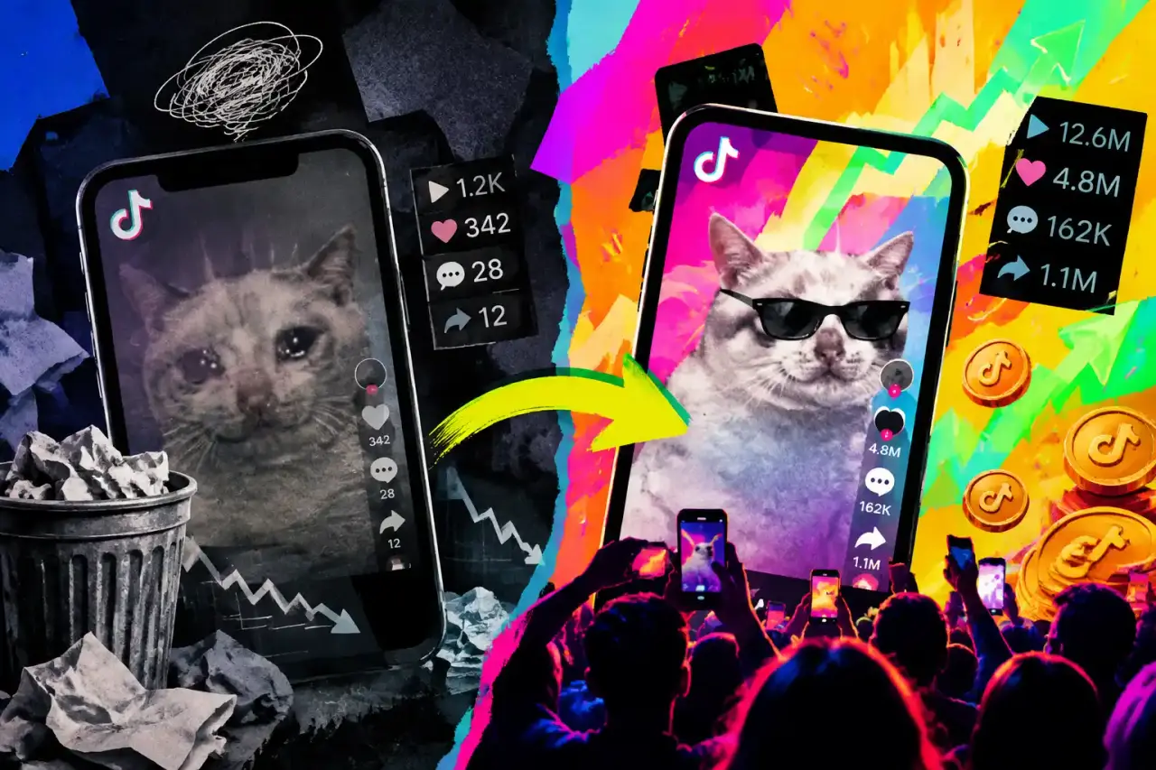 Illustration néo-brutaliste d’un mème passant du flop TikTok au succès viral