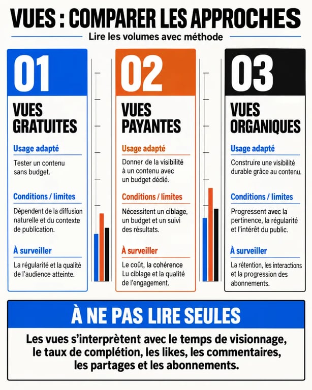 Infographie sur les tiktok views gratuites, payantes et organiques et les métriques d’engagement