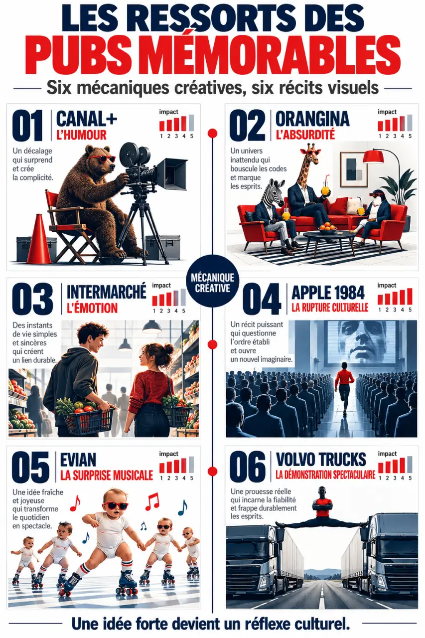 Infographie sur les publicités connues et leurs ressorts créatifs
