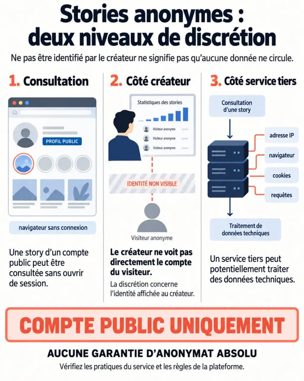 Infographie sur les stories Instagram anonyme et la différence entre discrétion vis-à-vis du profil et données collectées par une visionneuse web