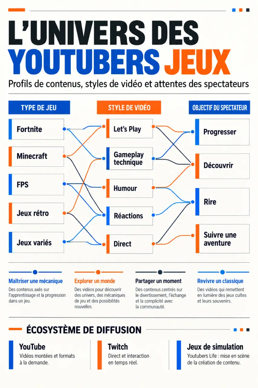 Infographie sur les youtubers jeux selon les genres, les styles de contenu et les plateformes