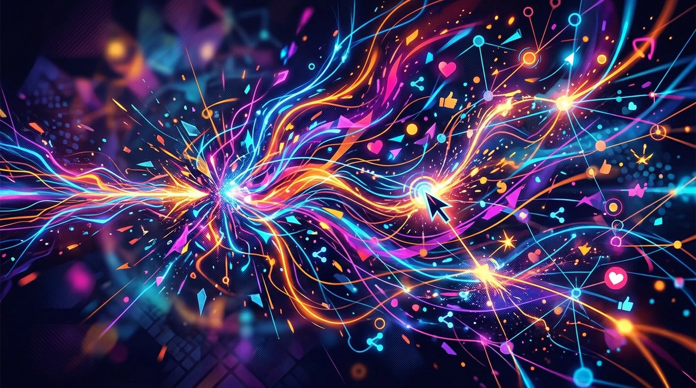Cerveau humain stylisé avec des câbles USB et des icônes de likes