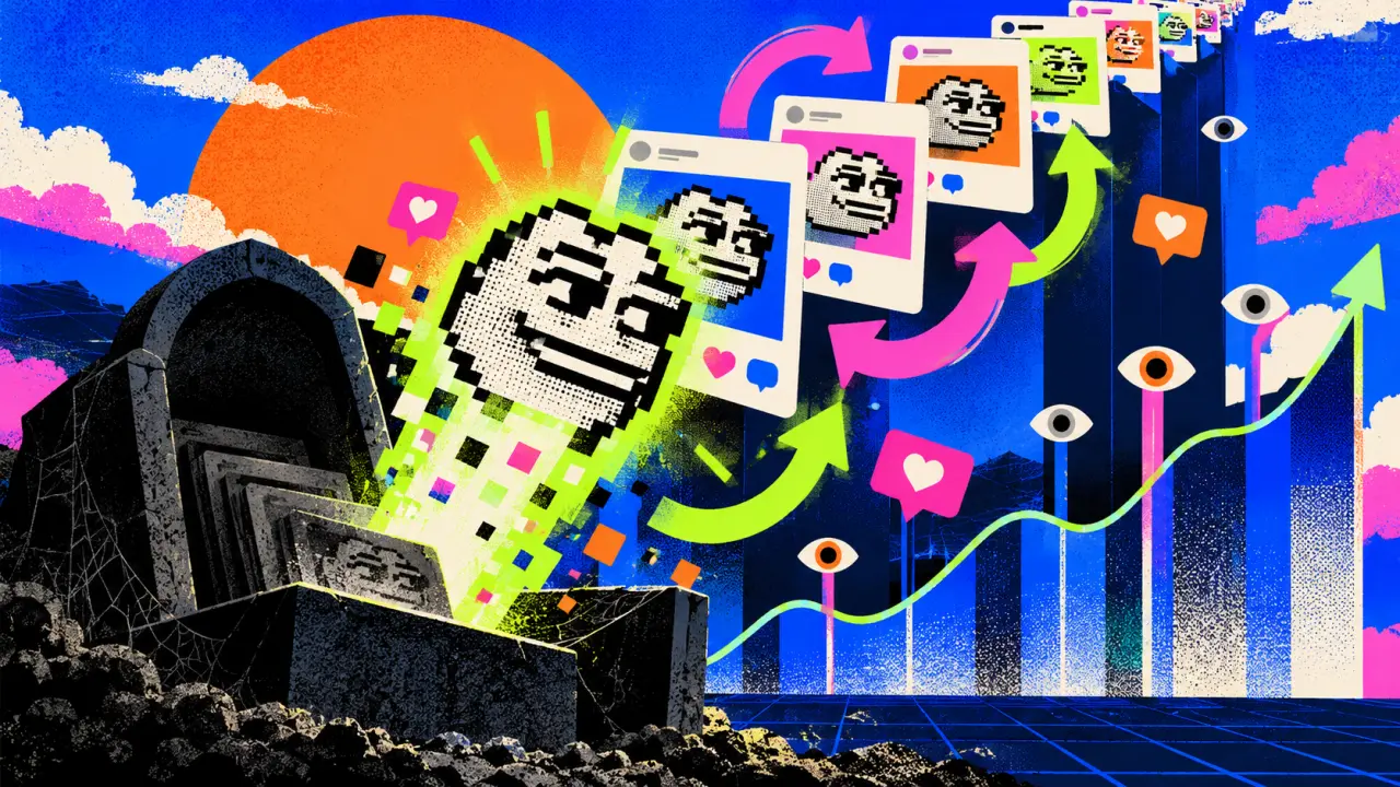 Illustration néo-brutaliste d'un mème revenant dans un fil d'actualité