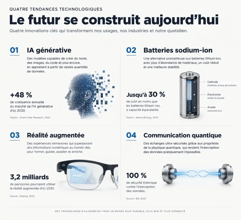 Infographie des tendances technologiques : IA, batteries, réalité augmentée et communication quantique.