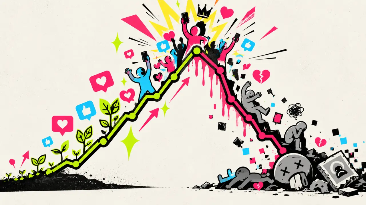 Illustration néo-brutaliste du cycle de vie d’un format viral