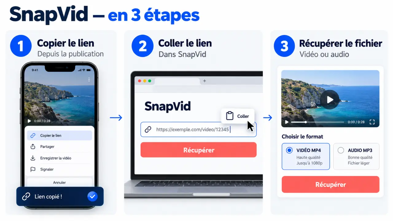 SnapVid : illustration des étapes pour copier un lien, le coller et télécharger une vidéo