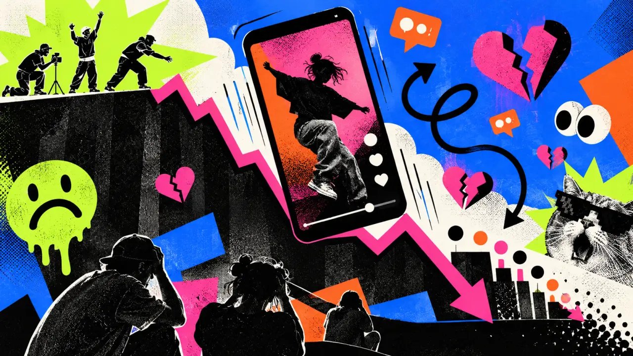 Créateur TikTok face à un compteur de vues en baisse, dans un univers néo-brutaliste