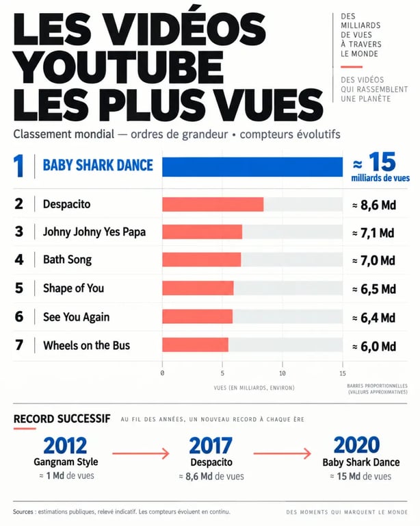 Infographie sur la vidéo la plus vue de YouTube et l'évolution du classement des vidéos les plus regardées