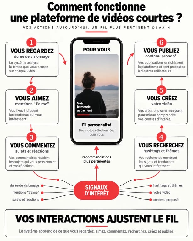 Schéma expliquant TikTok, son fil Pour vous et le fonctionnement des recommandations
