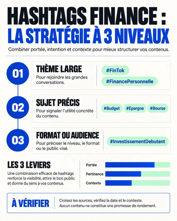 Infographie sur la tendance hashtag finance argent TikTok et la sélection de hashtags financiers cohérents