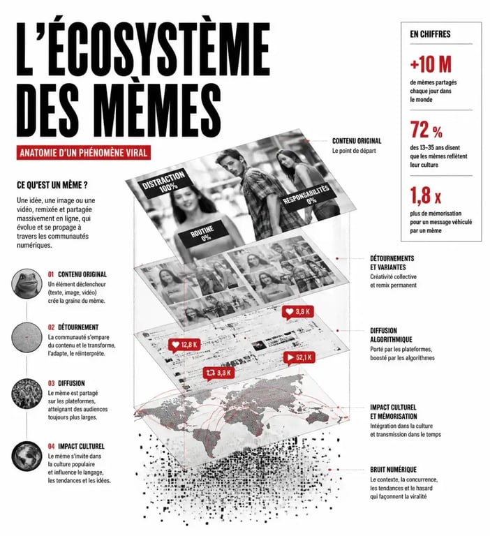 Illustration conceptuelle de l'écosystème du trump meme et de la viralité numérique.