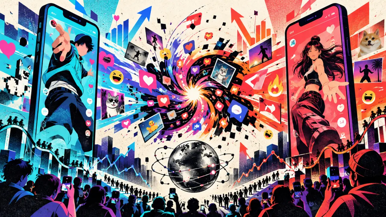 Collage néo-brutaliste représentant TikTok, Instagram Reels et la mécanique de la viralité