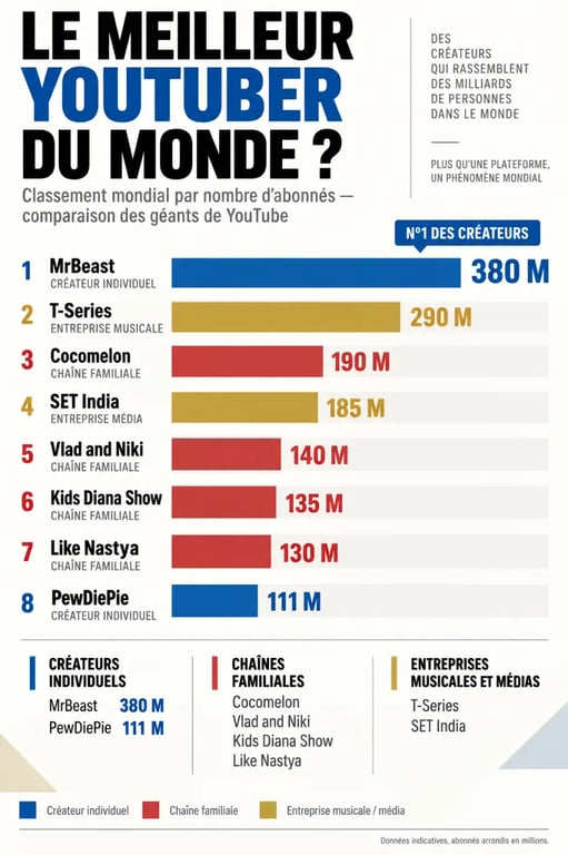 Infographie du meilleur YouTuber du monde et classement des chaînes YouTube par nombre d’abonnés