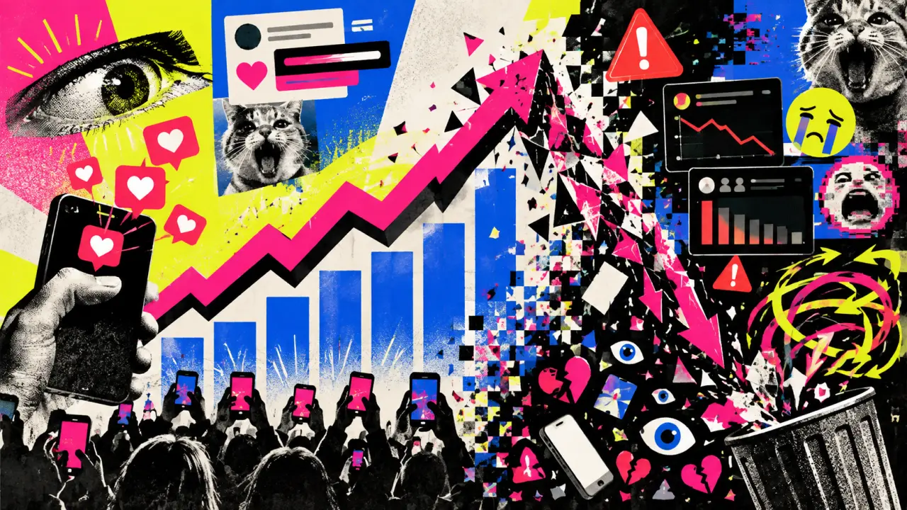 Illustration néo-brutaliste d'un téléphone affichant une vidéo TikTok et des signaux d'engagement contradictoires