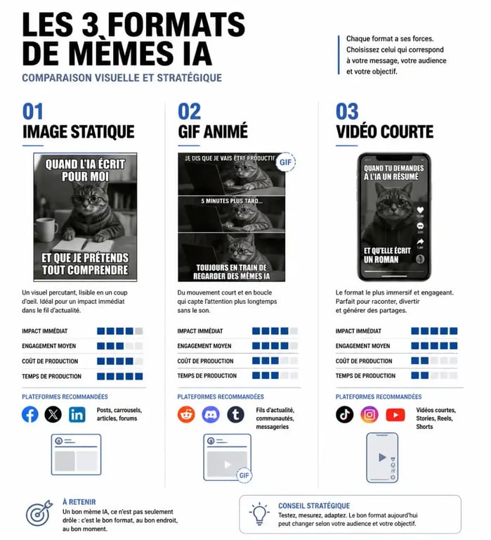 Comparaison des formats de mèmes IA image GIF et vidéo pour choisir un générateur de mèmes IA