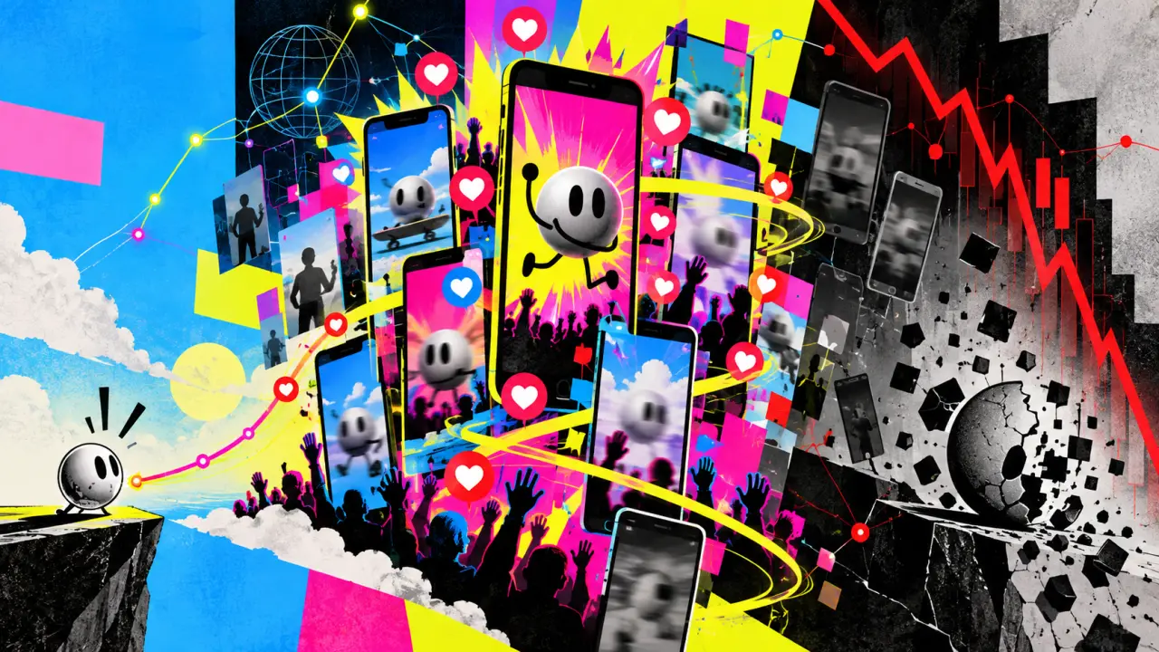 Illustration néo-brutaliste d’un mème TikTok passant du flop au succès puis au crash