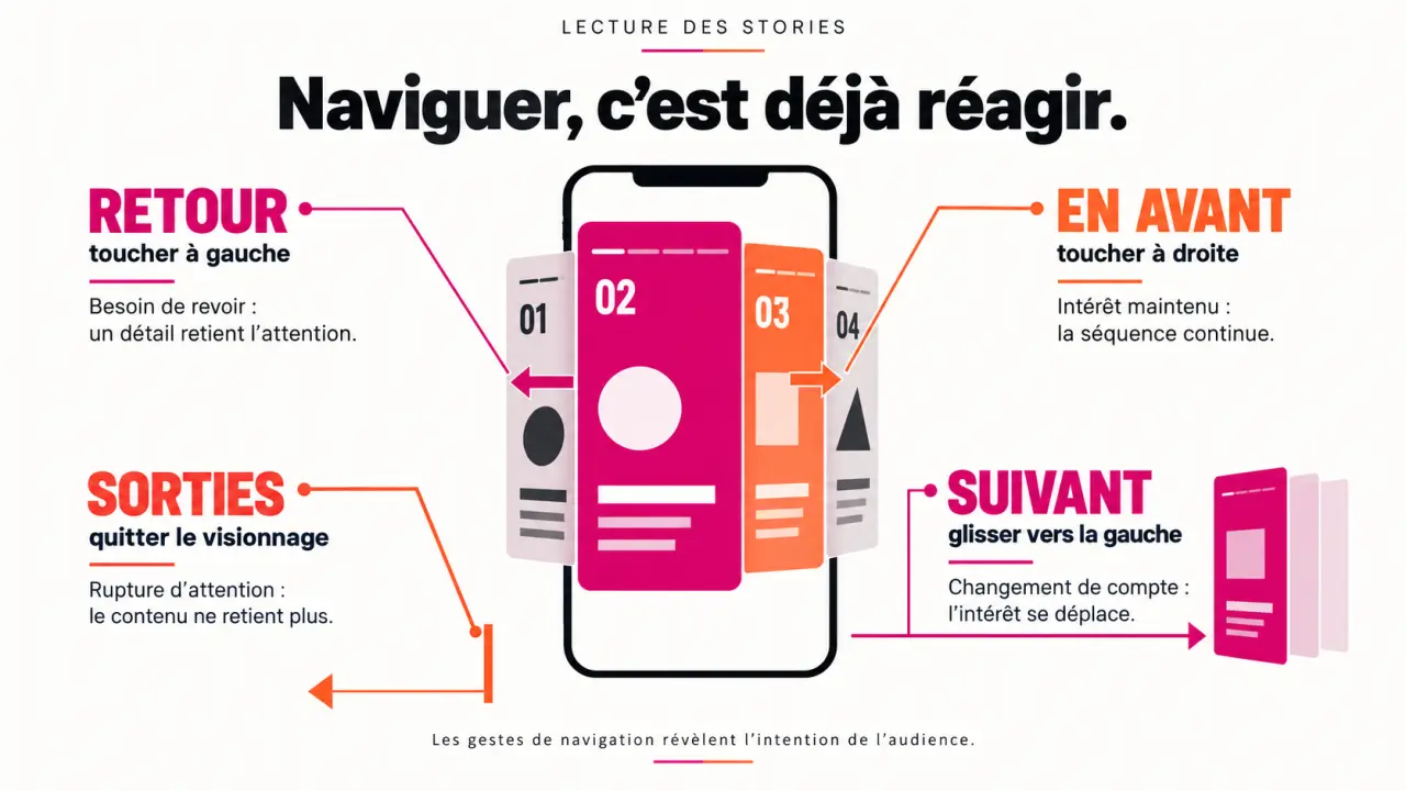 Infographie sur la stories navigation Instagram et les quatre actions de navigation