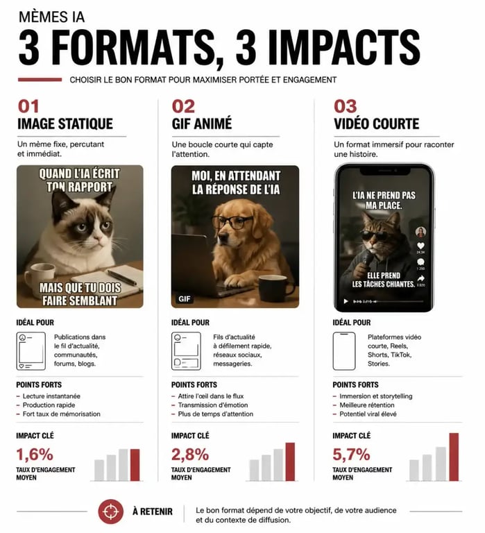 Comparaison des formats de mèmes IA image GIF et vidéo pour choisir un générateur de mèmes IA